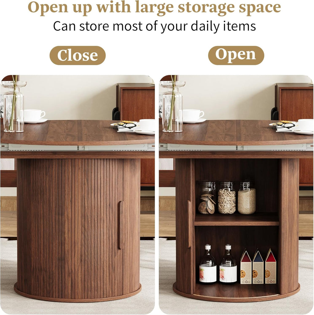 43"-59" Extendable Round to Oval Dining Table with Hidden Storage, Modern Wooden Kitchen Table with Fluted Sliding Door Cabinet, Expandable Dinner Table for Dining Room Living Room (Walnut)