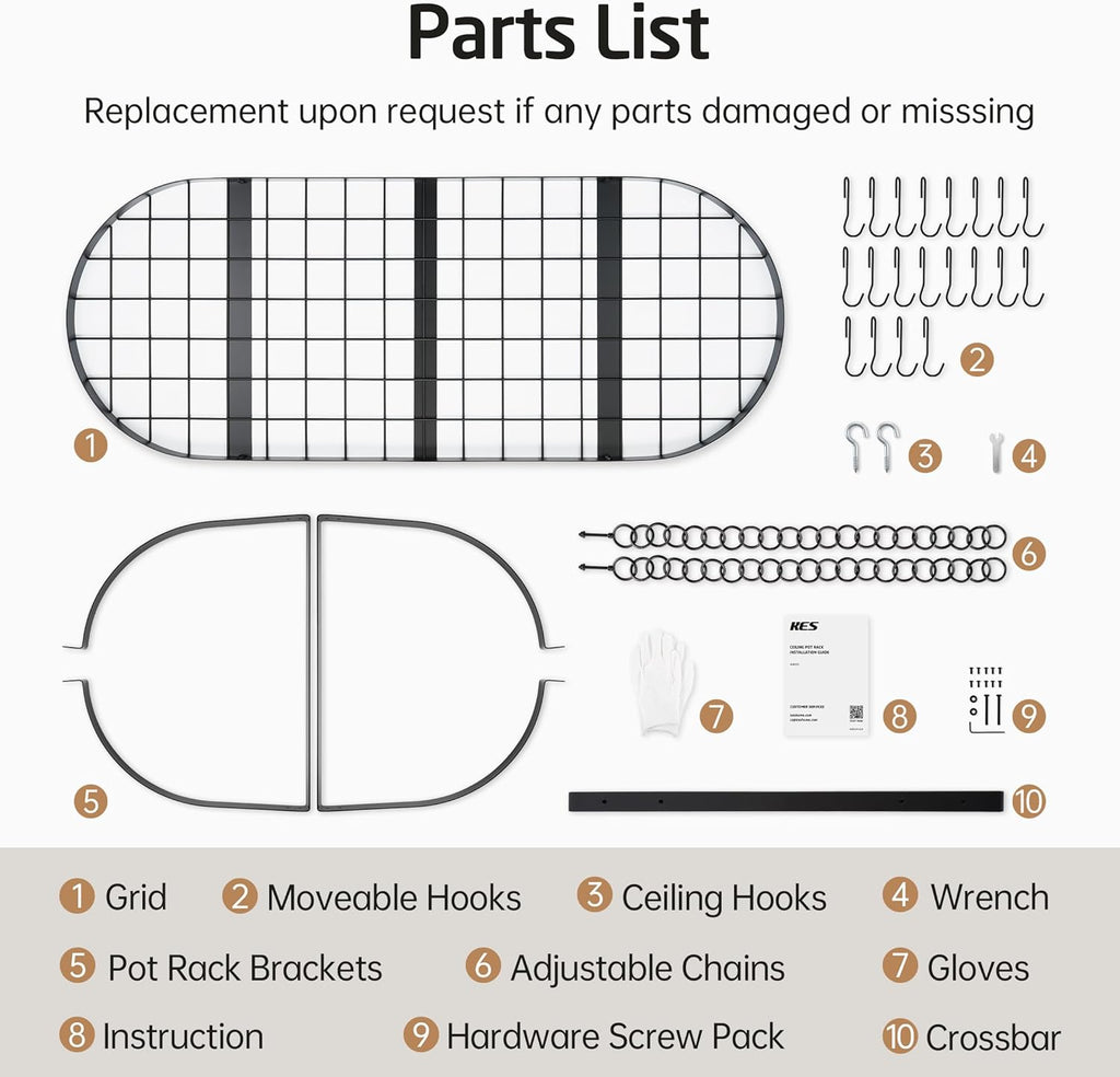 KES 48 Inch Large Hanging Pot Rack, Heavy Duty Oval Pot and Pan Hanging Rack Ceiling Mount, Pot Pan Hangers for Kitchen with 20 Hooks, Matte Black, (For 16" and 24" Joist Mount), KUR225S122-BK