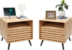 RedLemon 24" Nightstand Set of 2 with Charger Station, Mid Century Modern Fluted End Table with 2 Drawers, Wooden Side Table with Open Cubby Storage for Living Room, Bedroom, Office(Natural Oak)