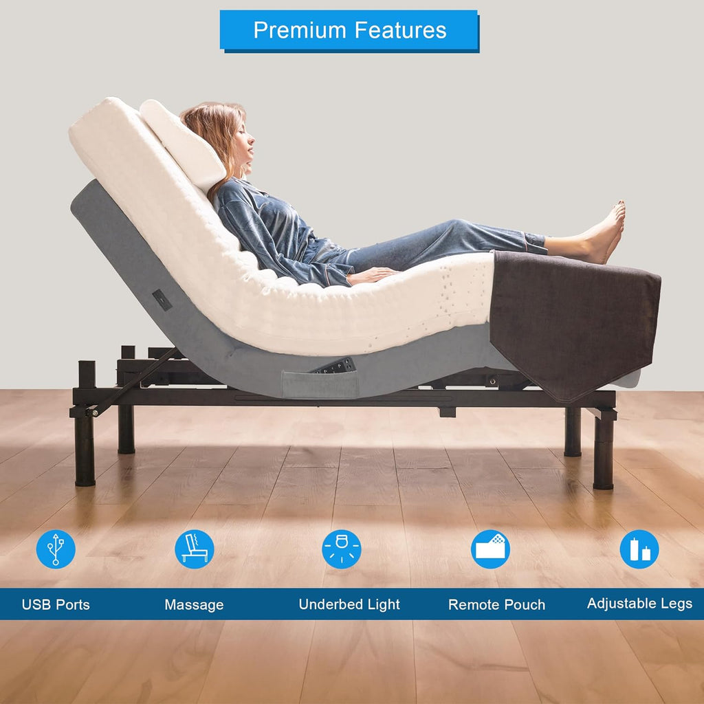 Twin XL Adjustable Bed Base | Dual Massage | USB Ports | Zero Gravity | Anti-Snore | Memory Positions | Under Bed Lighting | Wireless Remote | Zero Clearance
