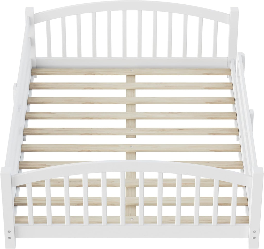 Merax Full Montessori Floor Bed with Safety Guardrails – Solid Wood Kids Bed with Slats & Fence and Without Door, No Box Spring Needed, White