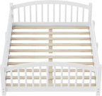 Merax Full Montessori Floor Bed with Safety Guardrails – Solid Wood Kids Bed with Slats & Fence and Without Door, No Box Spring Needed, White