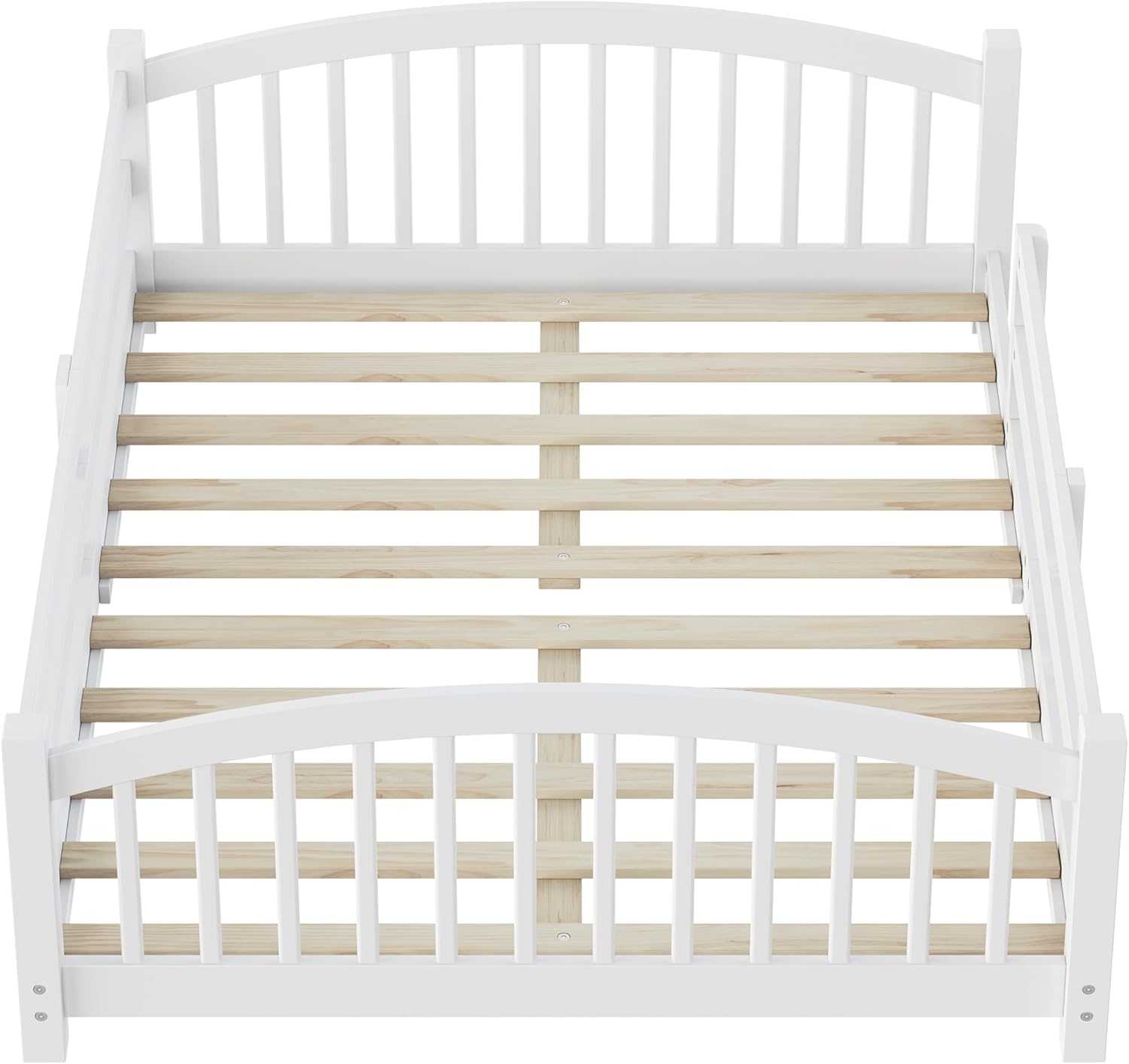 Merax Full Montessori Floor Bed with Safety Guardrails – Solid Wood Kids Bed with Slats & Fence and Without Door, No Box Spring Needed, White