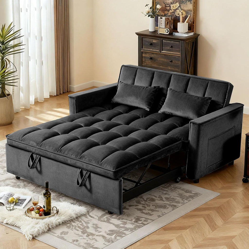Convertible Sofa Bed, Pull Out Couch with Side Pockets, 3 in 1 Velvet Fabric Loveseat Sleeper Sofa Bed, Pull Out Couch with Adjustable Backrest for Living Room, Bedroom, Apartment, Black