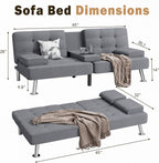 Shahoo Modern Linen Upholstered Convertible Folding Futon Sofa Bed with Removable Armrests, Metal Legs, 2 Cup Holders for Living Room, Light Grey