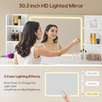 51.2" Fluted Makeup Vanity Desk with Large 30.3" Mirror and Lights, 5 Drawer Vanity with Power Strip, 6 Open Shelves, 2 Cabinet .Modern Dressing Table with Solid Wood Legs for Bedroom, White