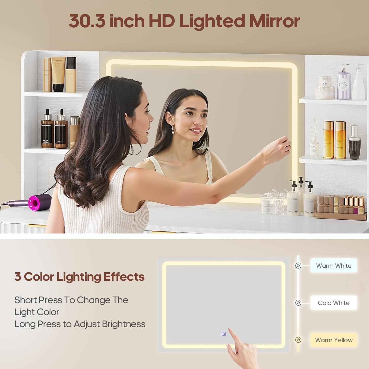 51.2" Fluted Makeup Vanity Desk with Large 30.3" Mirror and Lights, 5 Drawer Vanity with Power Strip, 6 Open Shelves, 2 Cabinet .Modern Dressing Table with Solid Wood Legs for Bedroom, White