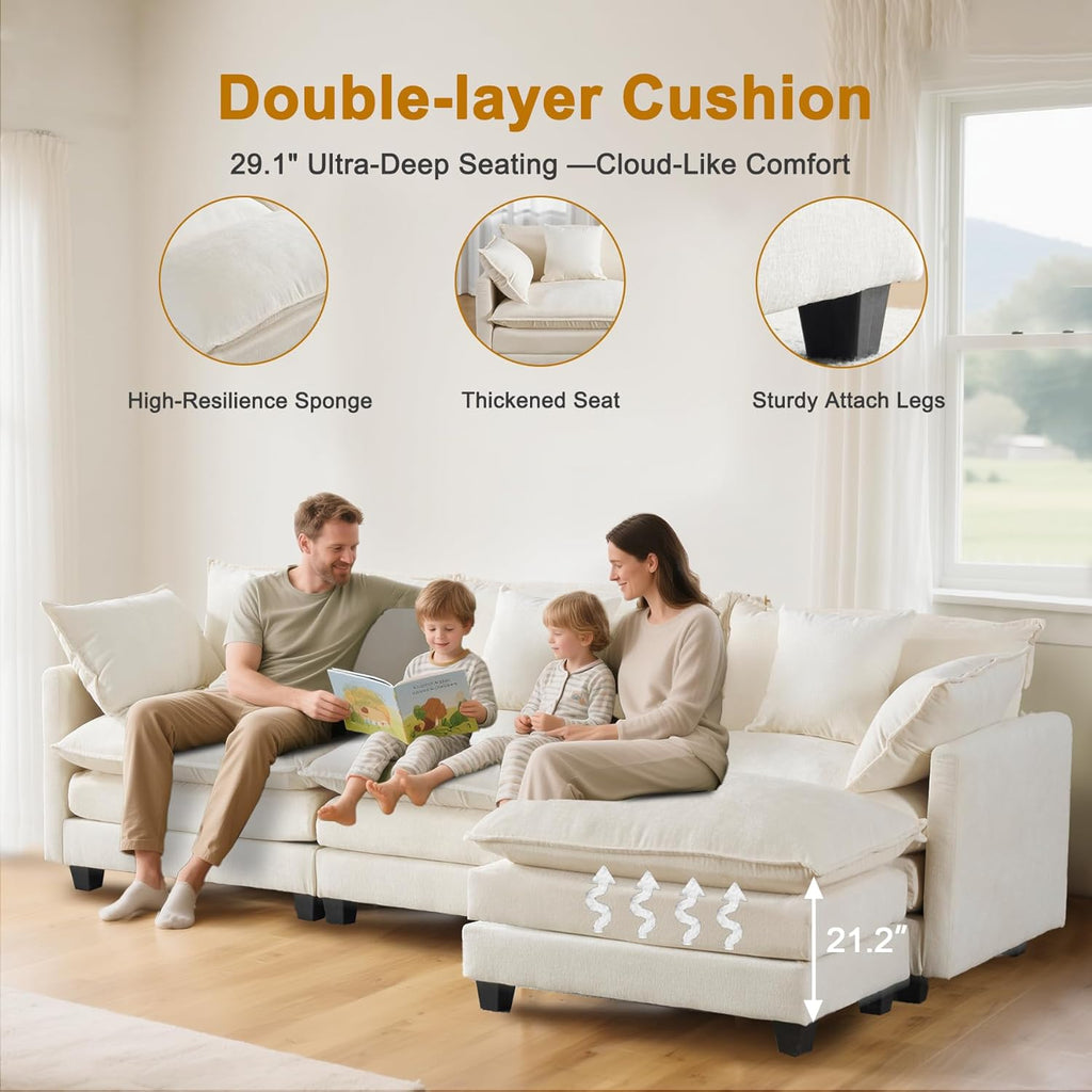 111.4" Modular Sectional Sofa｜Comfy Cloud Couch with Movable Ottoman Deep Seat｜Chenille L Shaped Modular Sofa Sectional Couches for Living Room, Bedroom and Apartment｜Beige
