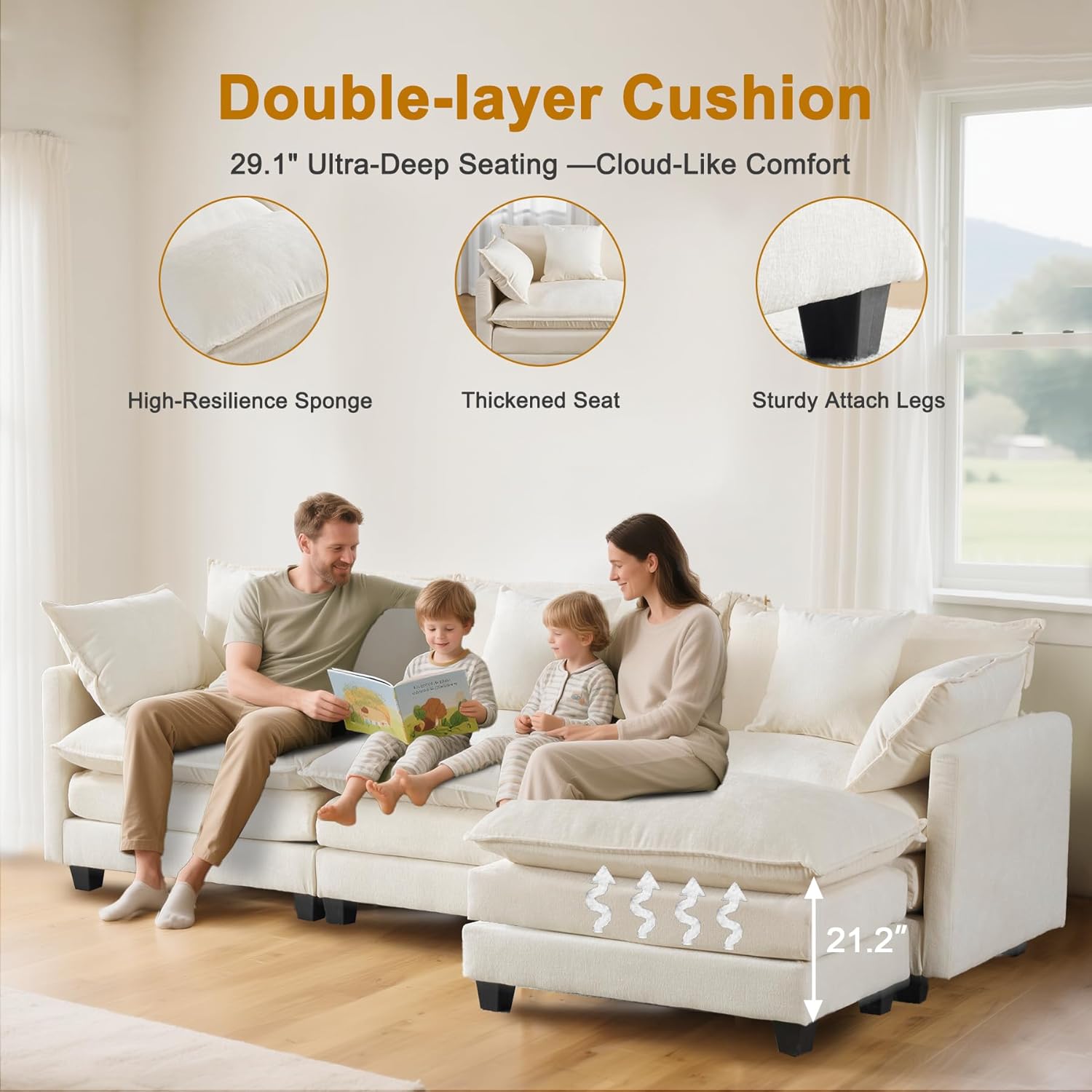 111.4" Modular Sectional Sofa｜Comfy Cloud Couch with Movable Ottoman Deep Seat｜Chenille L Shaped Modular Sofa Sectional Couches for Living Room, Bedroom and Apartment｜Beige