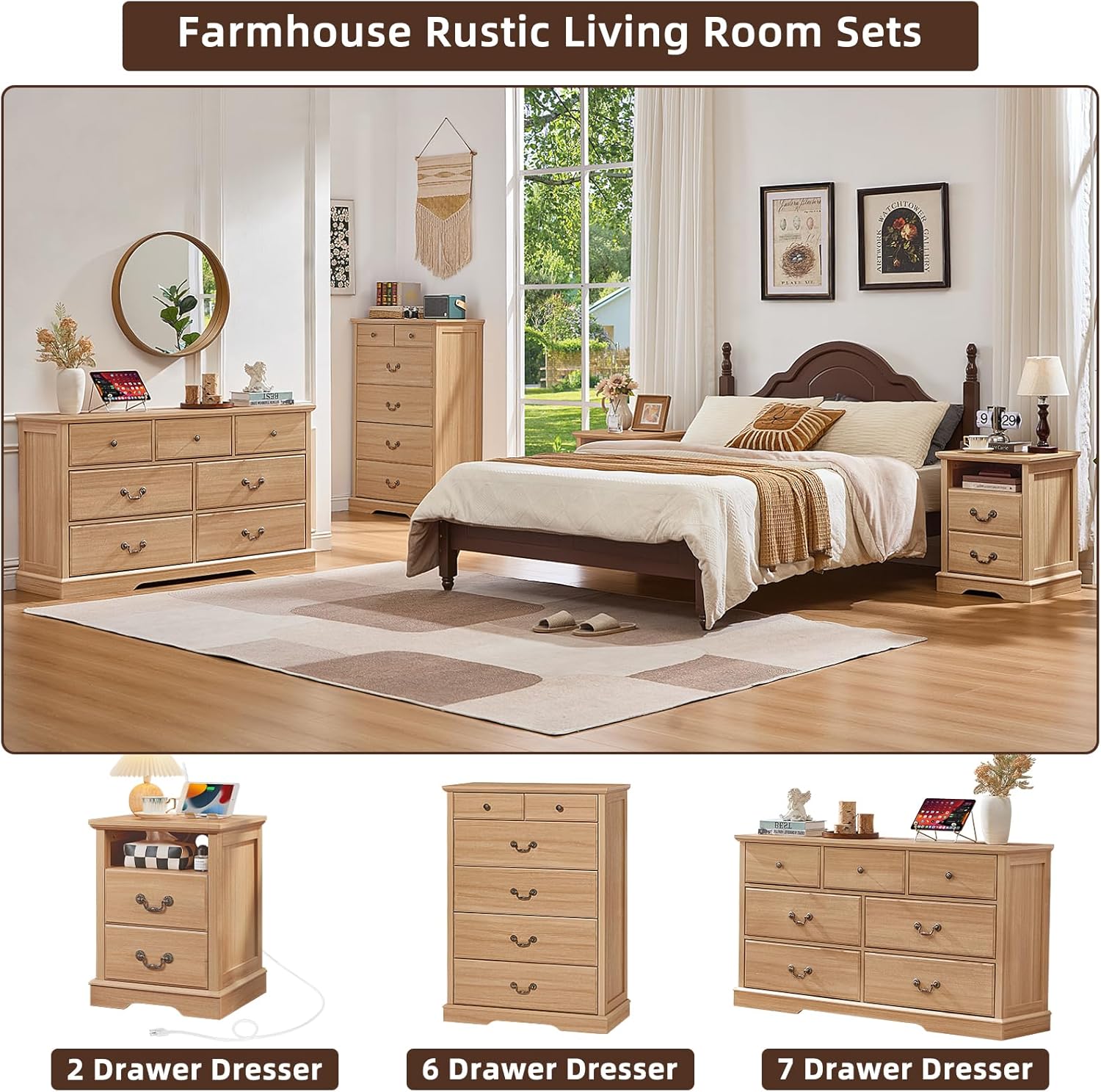 6 Drawer Dresser,Farmhouse Wood Chest of Drawers for Bedroom,47" Tall Dresser with Rustic Handles,Wood Drawer Organizer for Living Room,Hallway,Closet,Natural