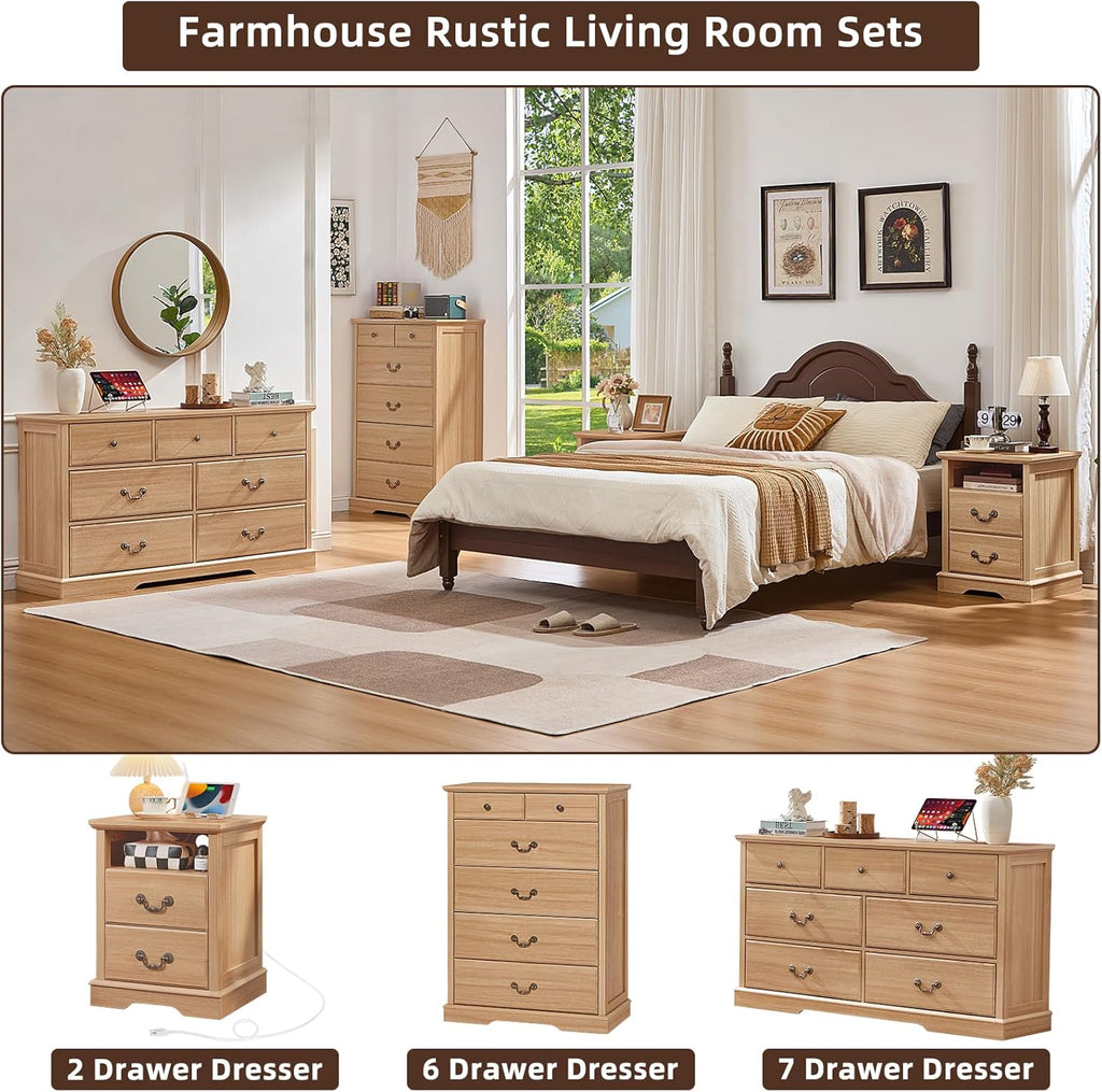 6 Drawer Dresser,Farmhouse Wood Chest of Drawers for Bedroom,47" Tall Dresser with Rustic Handles,Wood Drawer Organizer for Living Room,Hallway,Closet,Natural