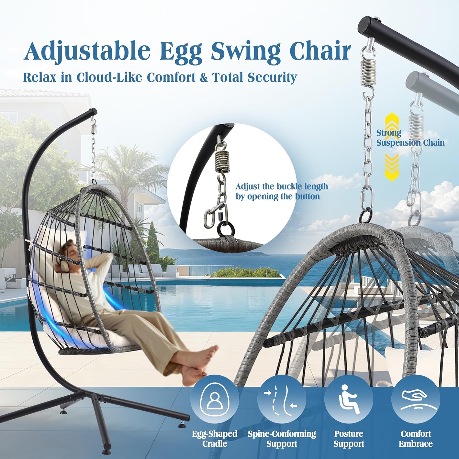 Hanging Egg Chair with Stand, Foldable Wicker Porch Swing Chair Outdoor Indoor, Heavy Duty Rattan Hammock Chairs with Cushion Headrest, Bedroom Balcony Patio Lounge Furniture, 350LBS (Beige)