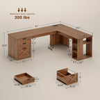 SEDETA 67" Farmhouse L Shaped Desk with 3 Drawers, Executive Home Office Desks with Storage Shelves, Corner Computer Desk with Power Outlets for Home Office, Brown