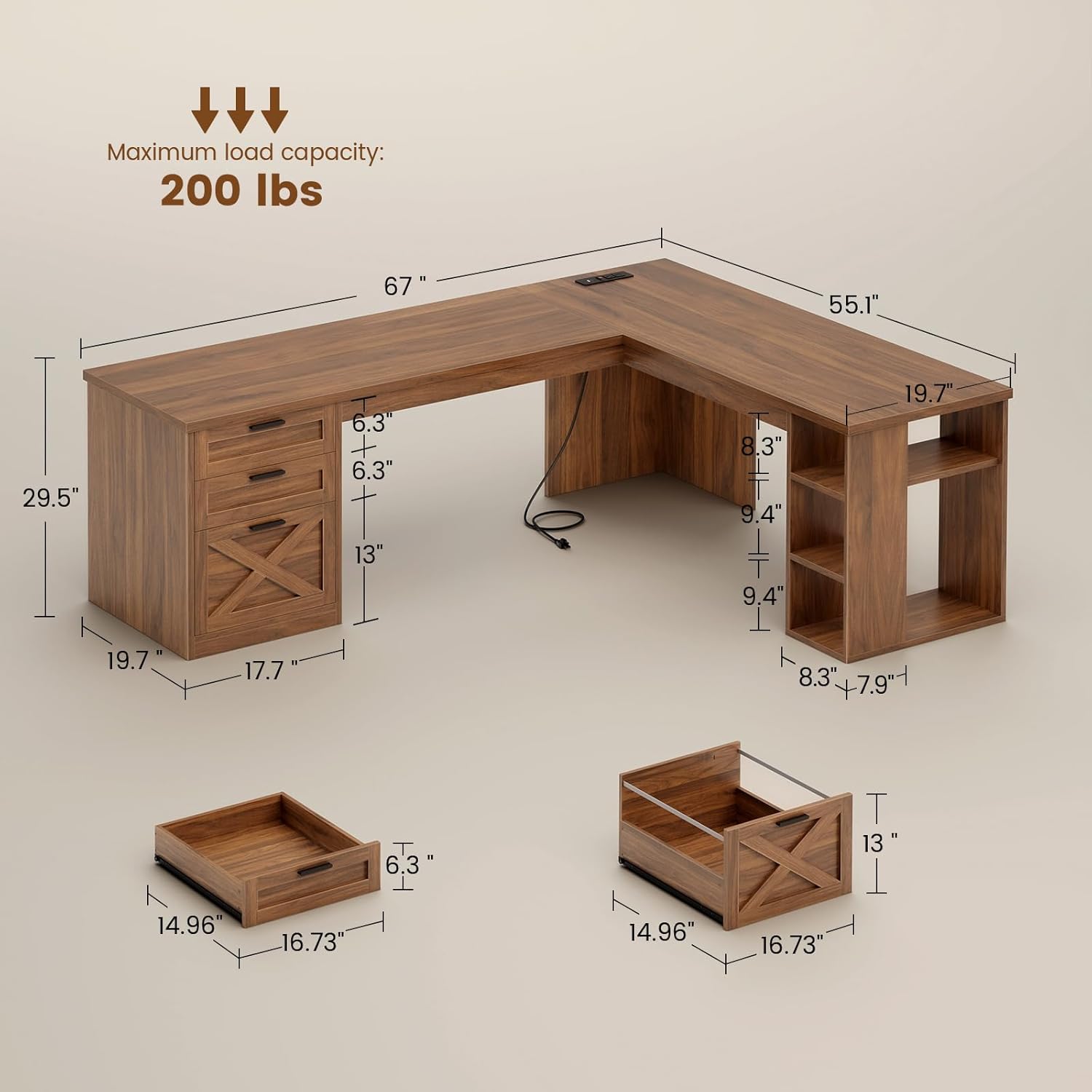 SEDETA 67" Farmhouse L Shaped Desk with 3 Drawers, Executive Home Office Desks with Storage Shelves, Corner Computer Desk with Power Outlets for Home Office, Brown