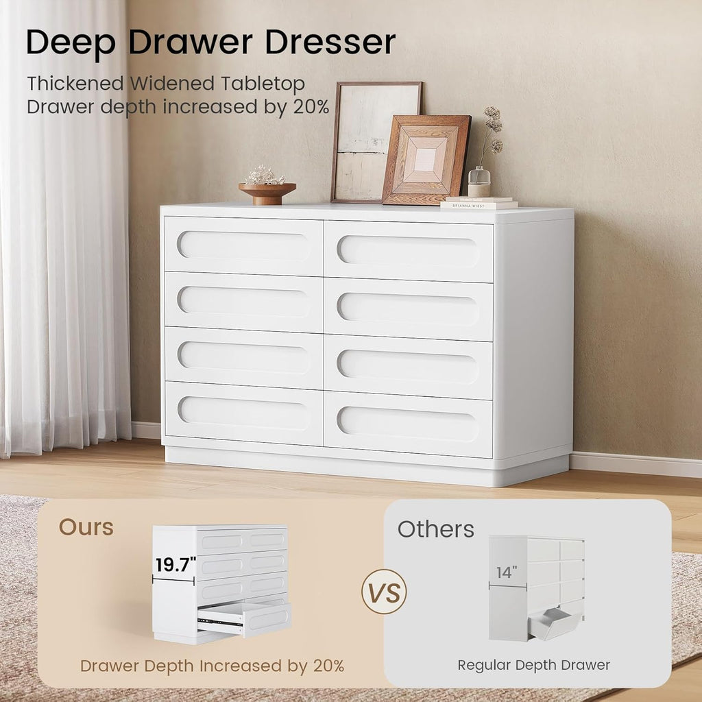 White Dresser for Bedroom with 8 Drawers, 47.2" Wide Dresser for Closet with Deep Drawer, Large Wood TV Stand, Modern Chest of Drawers for Bedroom, Hallway