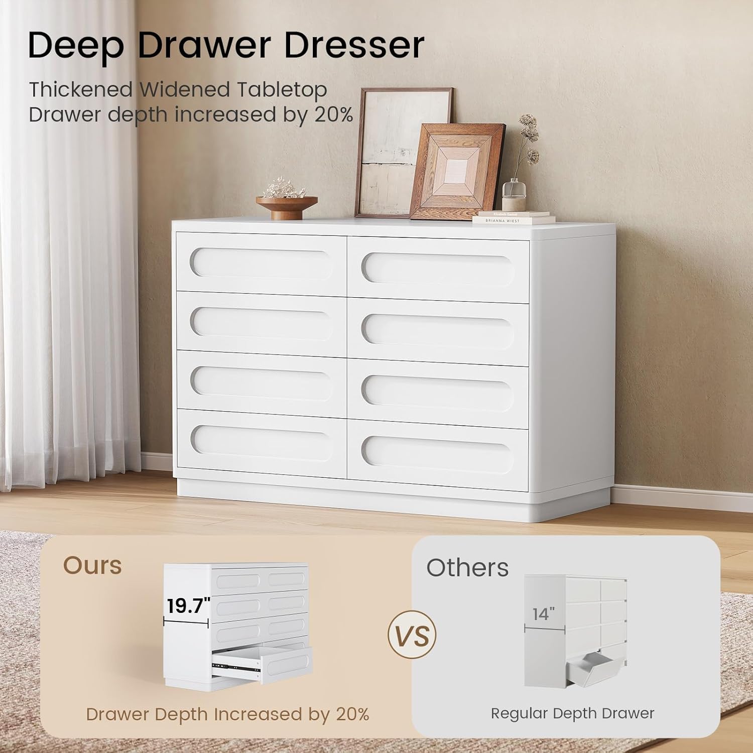 White Dresser for Bedroom with 8 Drawers, 47.2" Wide Dresser for Closet with Deep Drawer, Large Wood TV Stand, Modern Chest of Drawers for Bedroom, Hallway