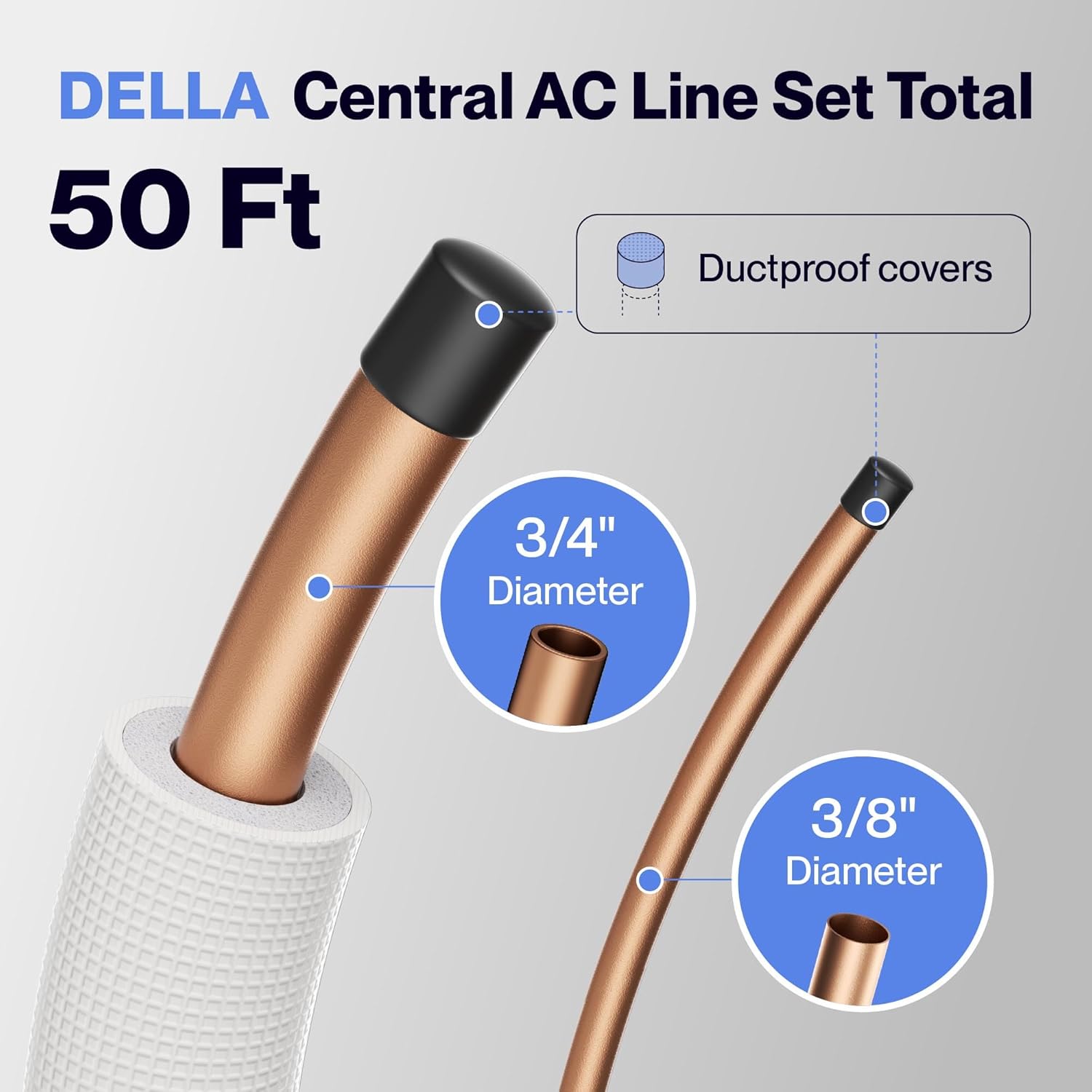 Della 50 Ft Length Central Air Conditioner Line Set, 3/8" & 3/4" O.D. Copper Pipes and 3/8" Thick White XPE Insulated Foam, Compatible with Central AC, Heat Pumps & Other HVAC Systems