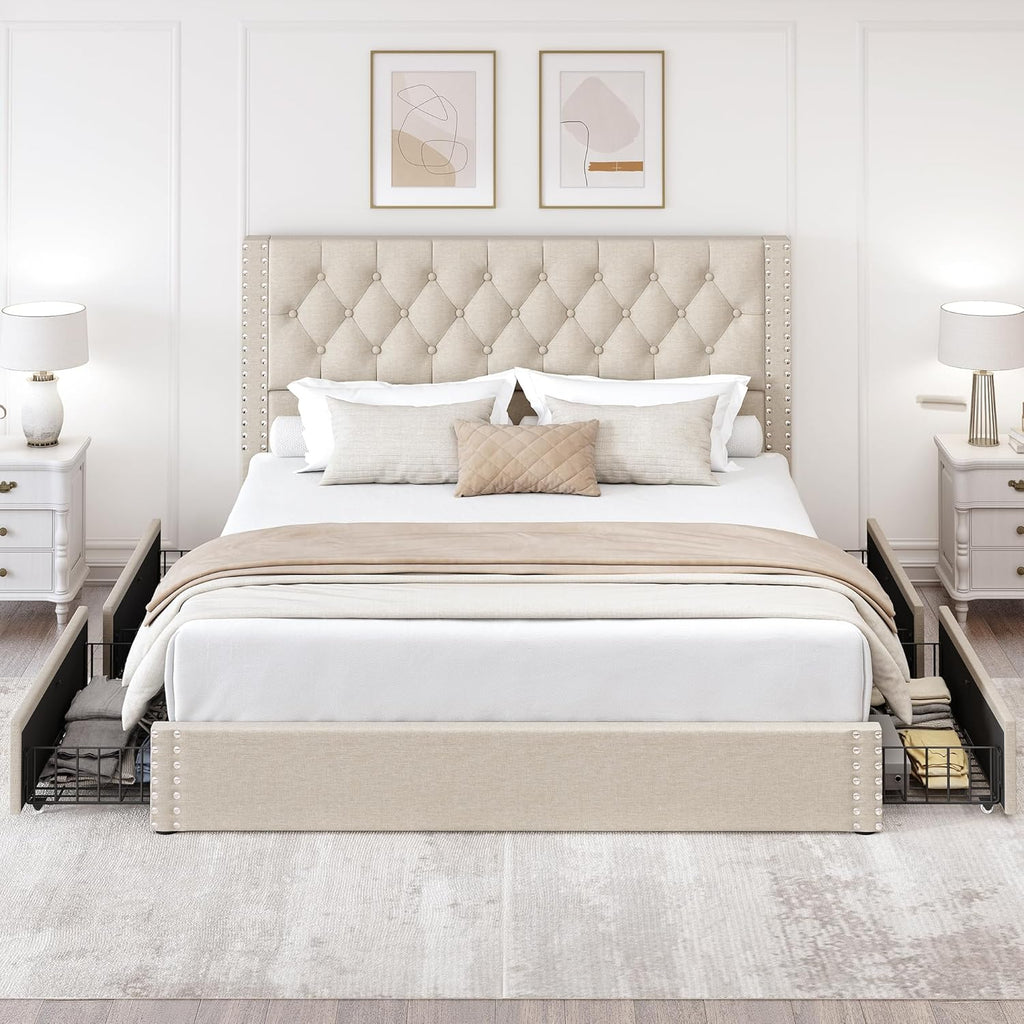 LARMACE King Size Bed Frame with 4 Storage Drawers and Tufted Headboard Linen Upholstered Platform Bed Frame with Heavy Duty Wood Slats, No Box Spring Needed, Easy Assembly, Beige