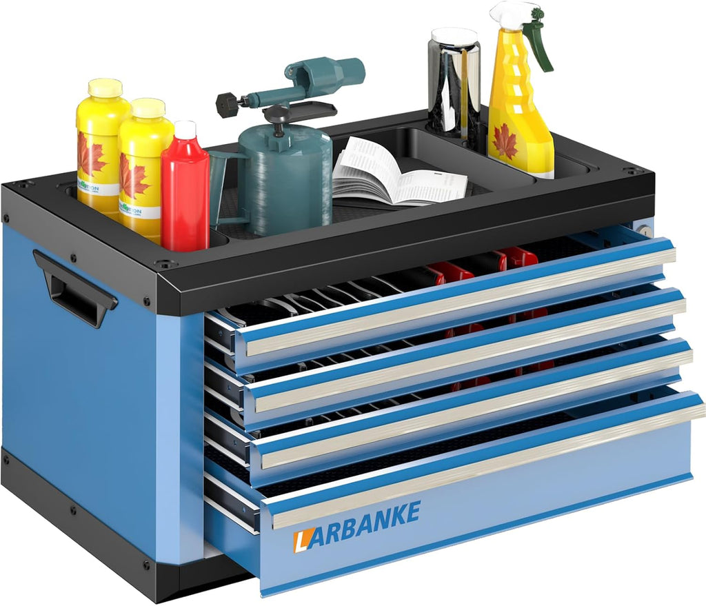 4-Drawer Tool Box with Lock&Keys,Portable Tool Box with Multifunctional Countertop,with Drawer Liner&Connecting Holes, Stacking with Same-Series 5&7-Drawer Tool Chests to Combine a Larger One