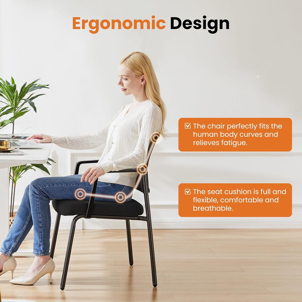 Sweetcrispy Mesh Back Stacking Arm Chairs, Upholstered Fabric Stacking Chairs, Sturdy Metal Office Chairs, Easy to Use and Store, Outdoor and Indoor, for Home, School, Party, Church, 2 Pack Black