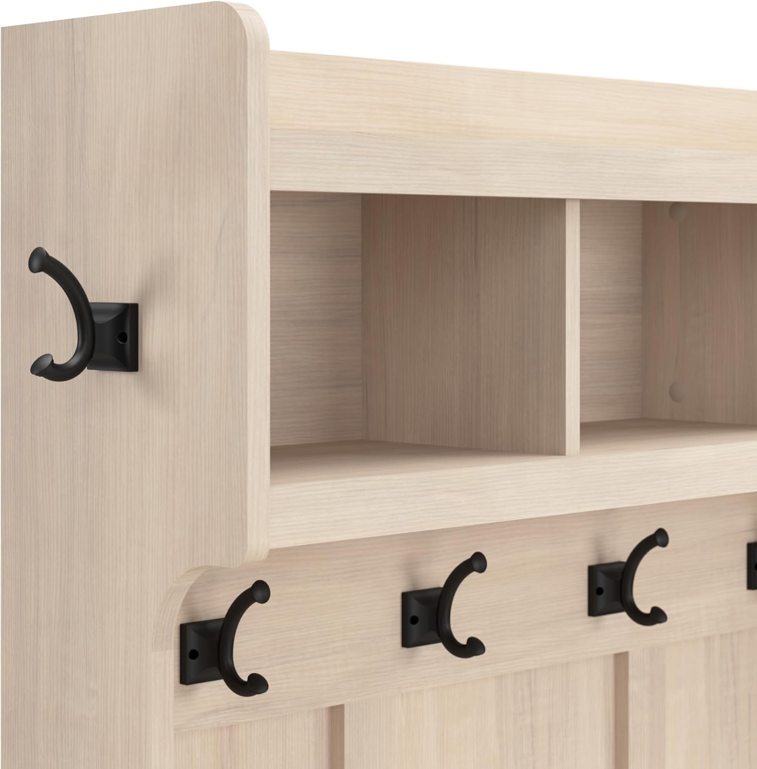 Bush Home Woodland 40W Hall Tree and Shoe Storage Bench with Shelves in White Washed Maple, Cubbies and Coat Hooks for Foyer, Mudroom or Entryway