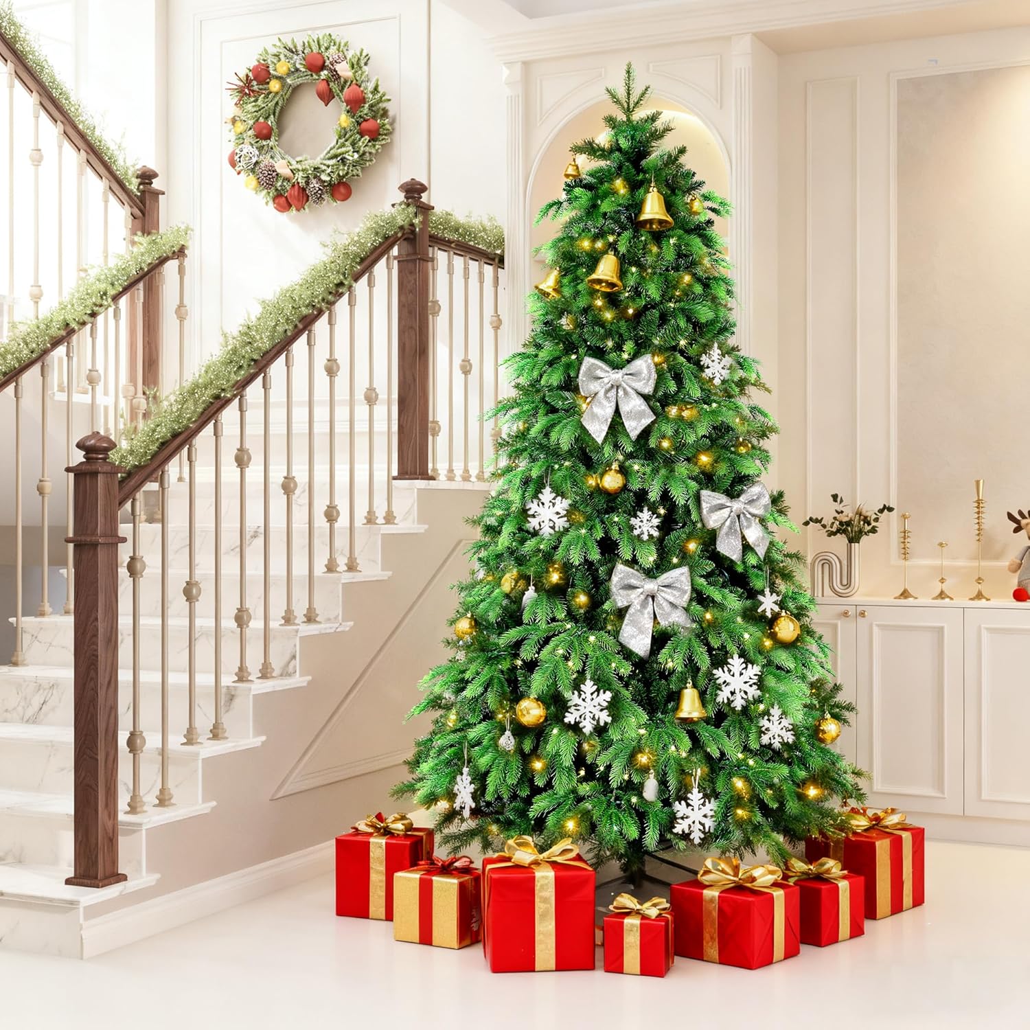 7FT Prelit Christmas Tree, Pre Lit Artificial Christmas Tree with 450 Lights and 2532 Branch Tips, Lighted Hinged Xmas Tree with Foldable Metal Stand for Party, Holiday, Home, Office
