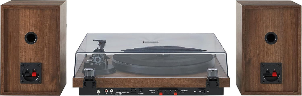 Crosley C62C Turntable HiFi System Record Player with Speakers  Adjustable Tonearm  Moving Magnet Cartridge  Bluetooth Receiver  40W Per Channel  and Anti-Skate  Walnut