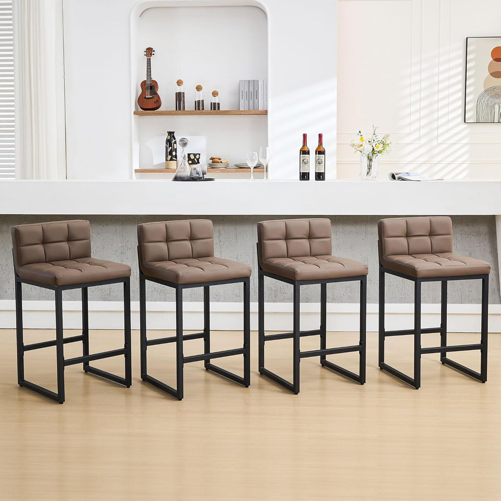Counter Height Bar Stools Set of 4, Upholstered Barstools with Back, Bar Chairs with Thickened Metal Legs, PU Leather Counter Stools for Kitchen Island (Coffee Brown, 4Pcs 26" Counter Stools)