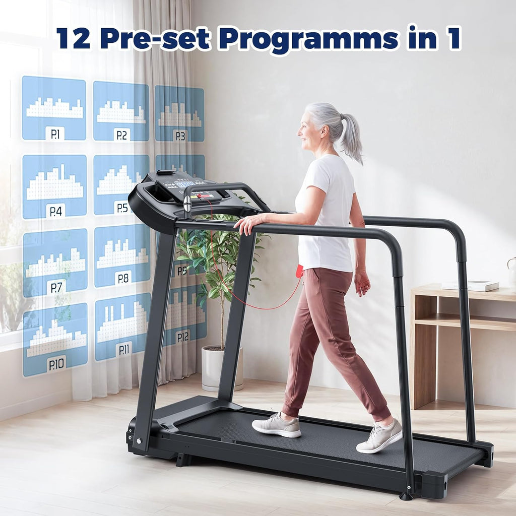 Treadmill for Senior at Home, Walking Jogging Running Pad Treadmill for Elderly, with Long Handrails, Heart Rate Monitor, Wide Running Belt, 2.5 HP, 300 LBS Capacity, PAD Stand & Cup Holder