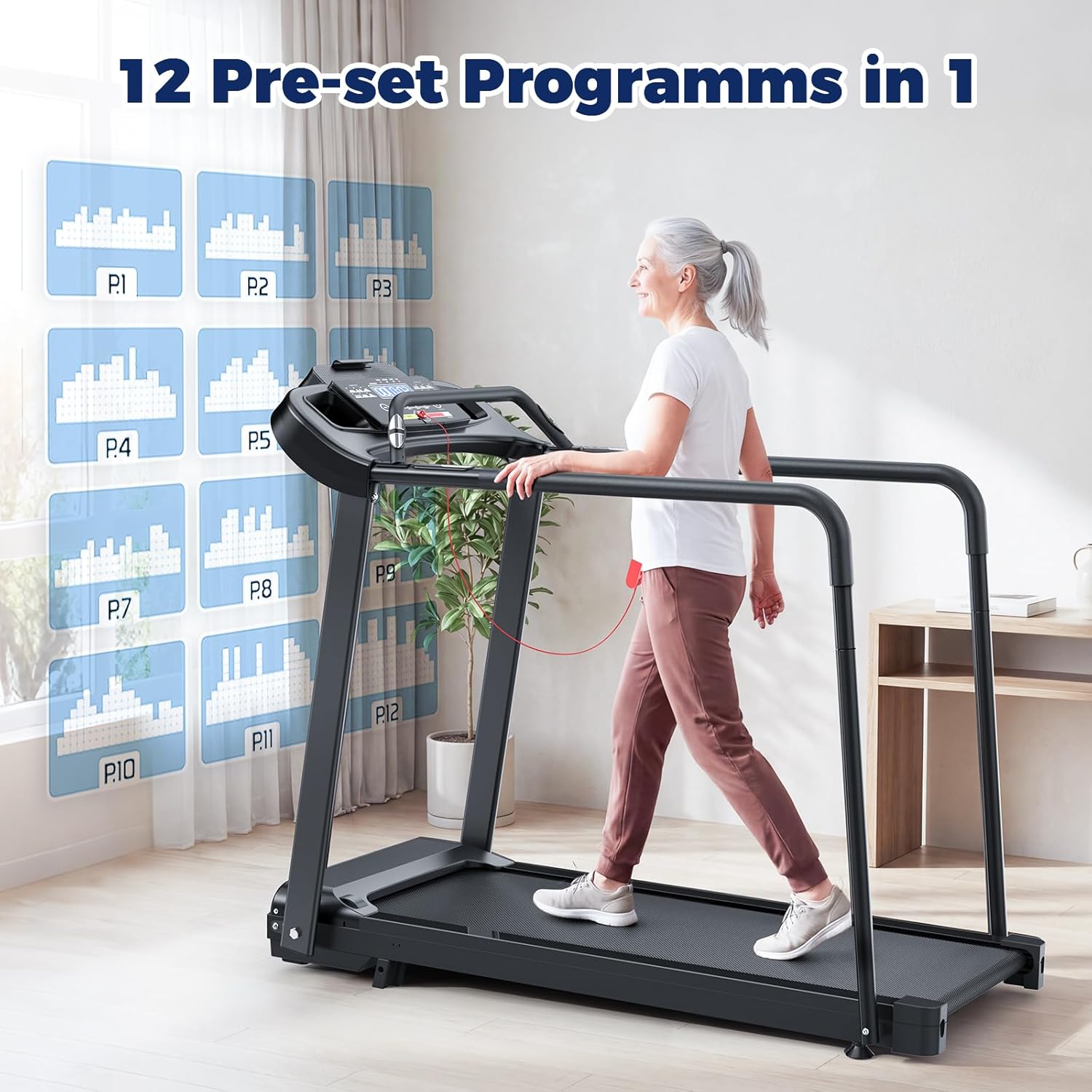 Treadmill for Senior at Home, Walking Jogging Running Pad Treadmill for Elderly, with Long Handrails, Heart Rate Monitor, Wide Running Belt, 2.5 HP, 300 LBS Capacity, PAD Stand & Cup Holder