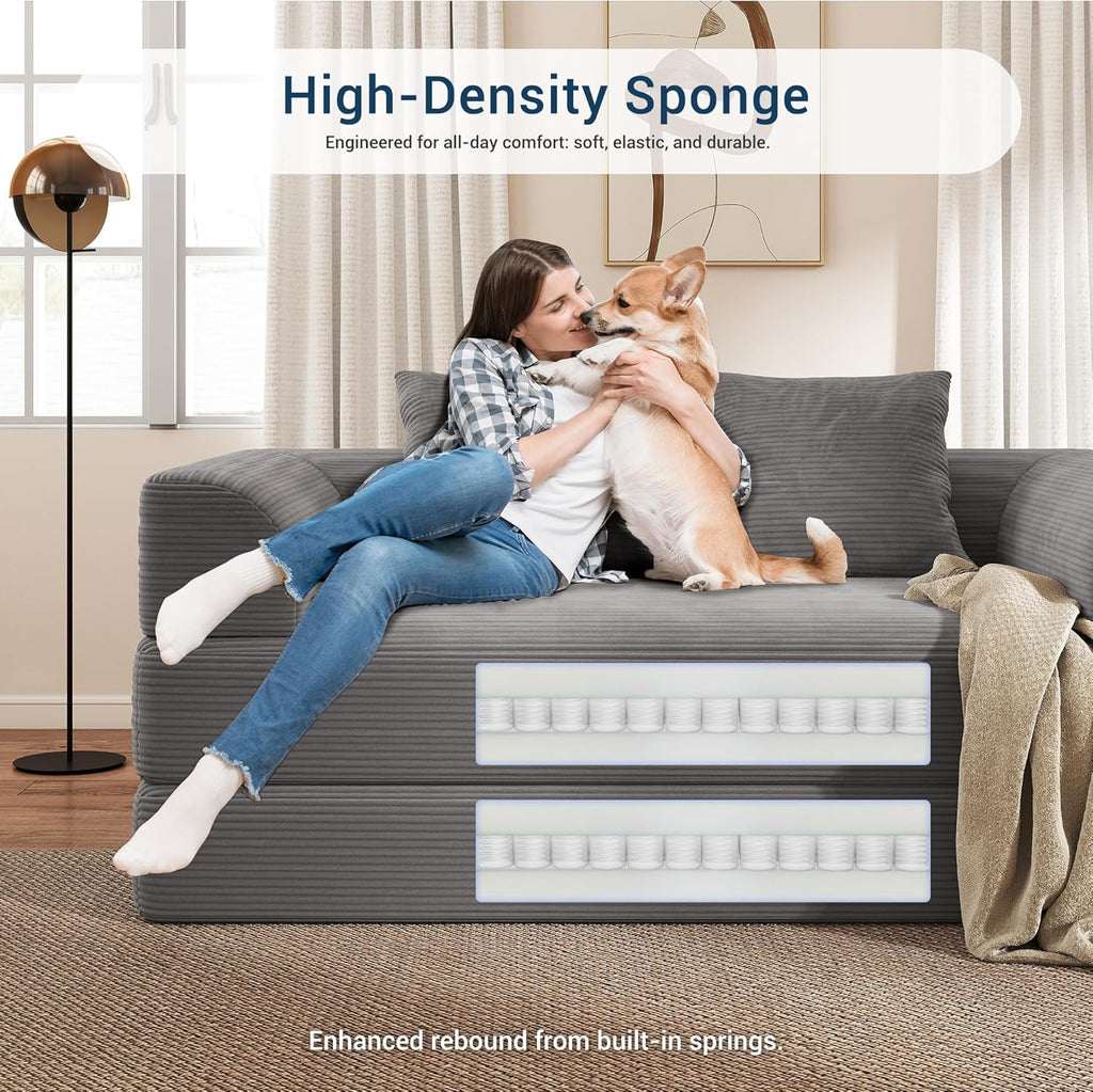 Cloud Boneless Convertible Floor Sofa Bed, 70" 4-in-1 Foldable Compressed Loveseat Lounge Sleeper 2 Seater Couches, High-Density Sponge & Corduroy Fabric Futon Daybed for Living Room Bedroom(Gray)