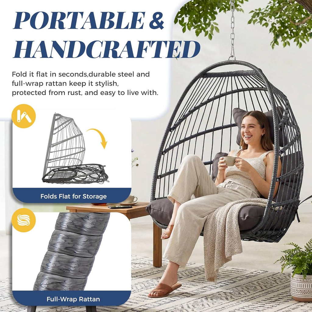 BULEXYARD Hanging Egg Chair Without Stand 350lbs Capacity, Grey Wicker Swing Egg Chair with Dark Grey Cushion for Indoor/Outdoor Patio Porch Balcony, Foldable Hammock & Tree/Ceiling/Beam Mount