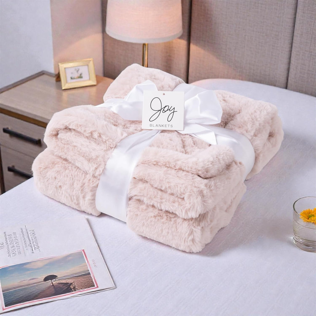 Joy Blankets Large Faux Fur Blanket 60"x80" – Ultra Soft & Warm Luxury Throw for Bed & Couch – Shed-Free, Machine Washable, Oeko-TEX Certified (Boho Blush Pink)