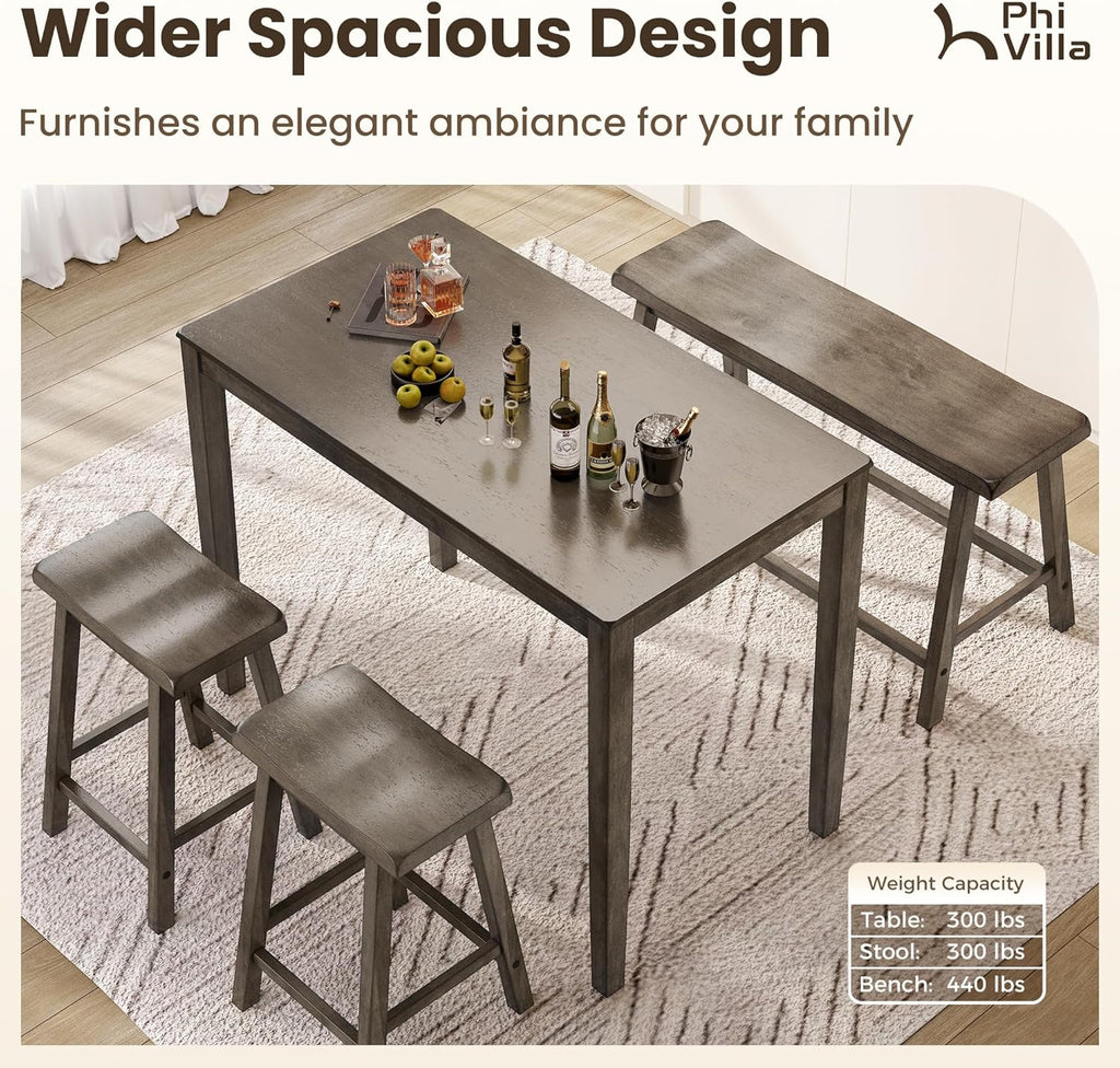 PHI VILLA Farmhouse Dining Table Set for 4 Small Space, Counter Height Table and Chairs with Bench, Rustic Solid Wood High Top Kitchen Table Set for Dining Room and Kitchen, Smoky Brown