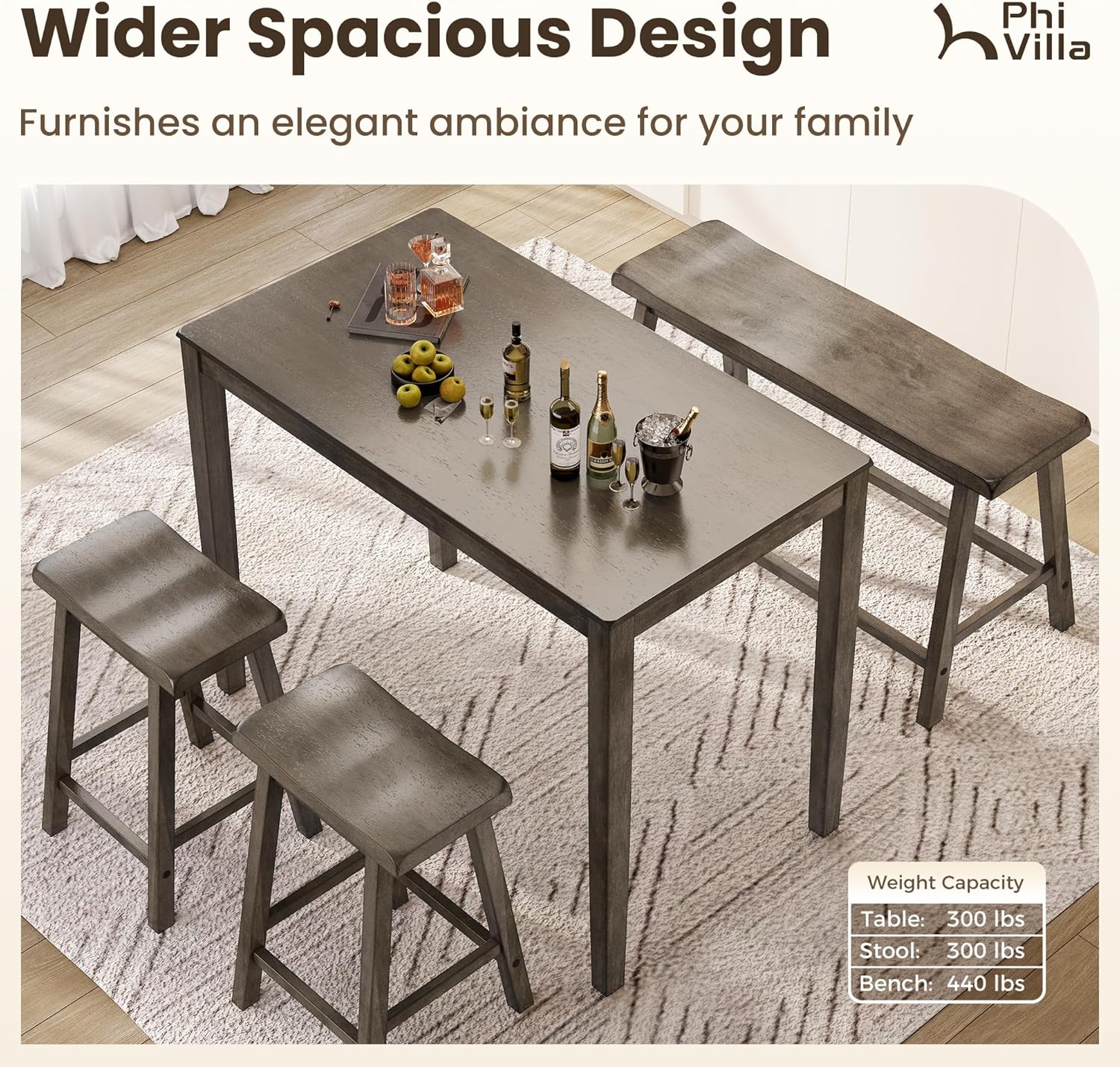 PHI VILLA Farmhouse Dining Table Set for 4 Small Space, Counter Height Table and Chairs with Bench, Rustic Solid Wood High Top Kitchen Table Set for Dining Room and Kitchen, Smoky Brown