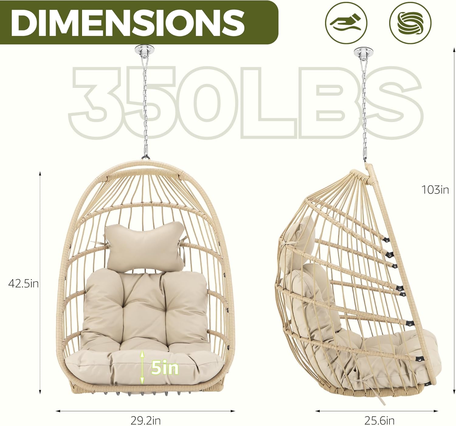 RADIATA All-Weather Swing Egg Chair No Stand, 350lbs Outdoor Sturdy Wicker Hammock Seat with Cushions, Comfy Portable Hanging Egg Basket Seat for Balcony Patio Bedroom Tree or Ceiling, Beige