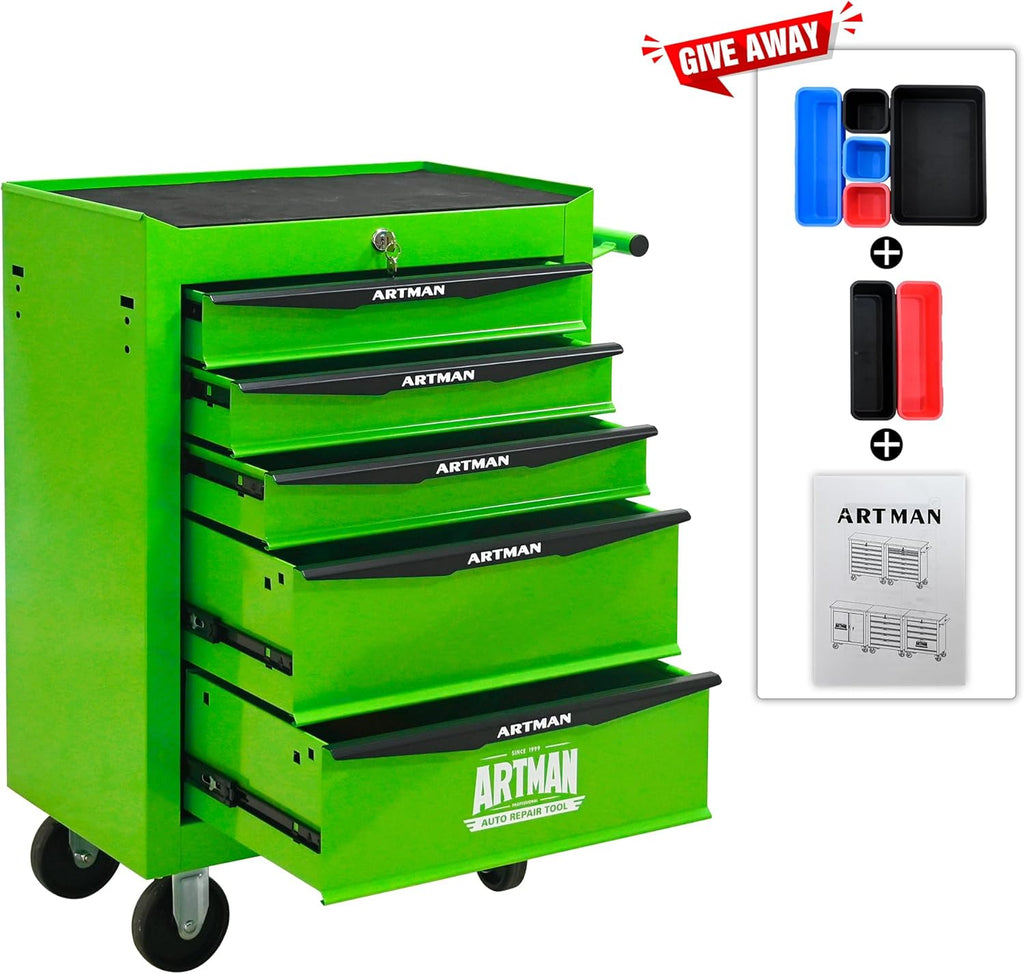 5 Drawers Tool Cart on Wheels, Multifunctional Rolling Tool Chest, Drawers Mobile Trolley Organizer Heavy Duty Tools Box with Locking Wheels & Ball Bearing Drawers (Green, 5 Drawers)
