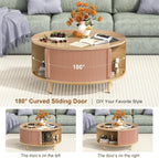 Round Coffee Table, 31.5" Fluted Center Table with Storage, Lift-Top Coffee Table with Adjustable Footpads, Sliding Door, Mid-Century Modern Center Table for Living Room, Small Space (Nature)