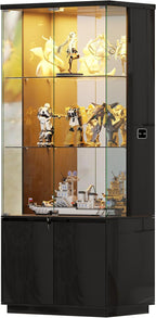 Lvifur 71” Tall Display Cabinet with Glass Doors, Modern Curio Cabinet Display Cases for Collectibles, Locking Cabinet with Shelves, Living Room Bookcase with Lights & Human Body Sensor (Black)