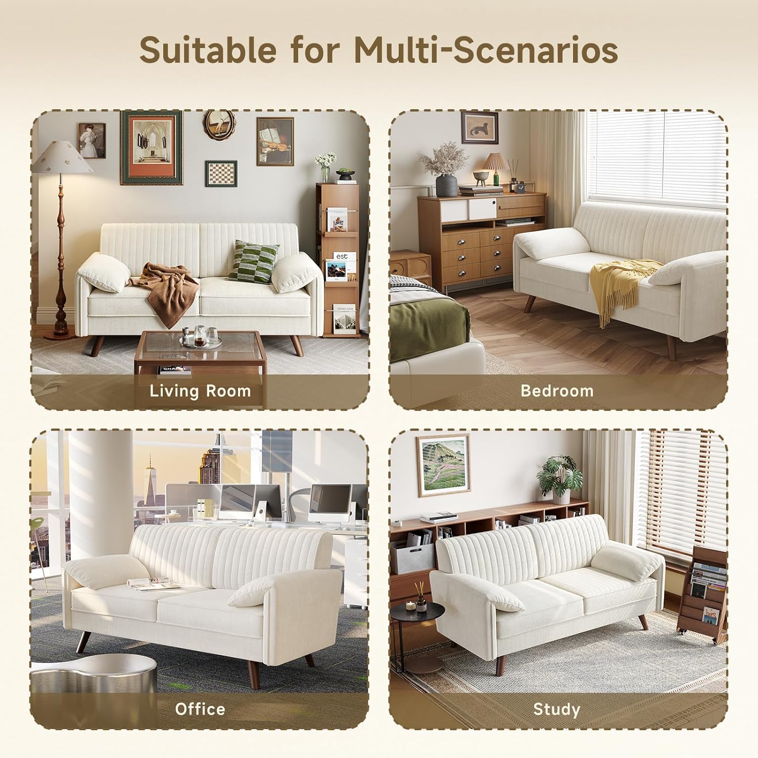 ONBRILL 64.5" Loveseat Sofa, Chenille Loveseat Couch for Living Room, 23.2" Deep Seat Love Seat with Padded Arms, Comfy Modern Small Couches for Bedroom, Small Spaces, Dorms, Office, Beige