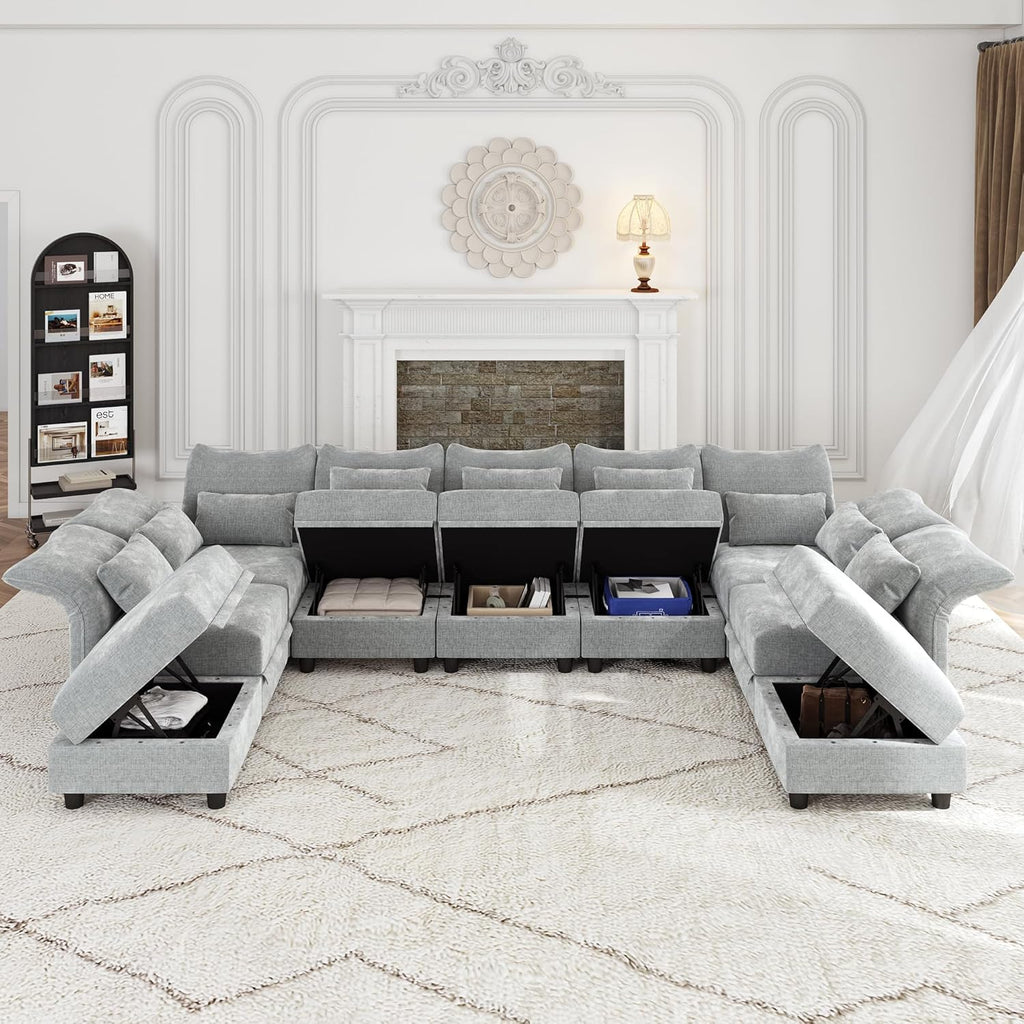 LLappuil 154" Oversized Modular Sectional Sofa with Storage 9 Seat U Shaped Sectional Couches for Living Room with Adjustable Arms Backs, Convertible to L Shape/U Shape/Sleeper Sofa, Grey Chenille