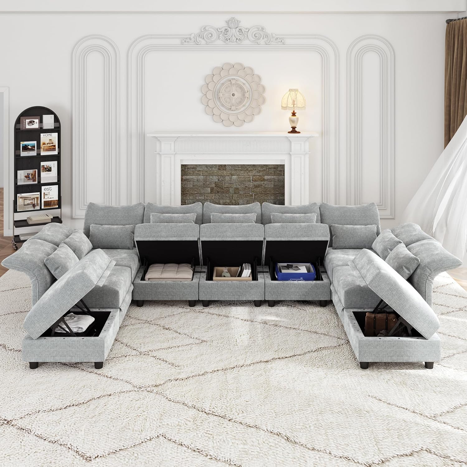 LLappuil 154" Oversized Modular Sectional Sofa with Storage 9 Seat U Shaped Sectional Couches for Living Room with Adjustable Arms Backs, Convertible to L Shape/U Shape/Sleeper Sofa, Grey Chenille