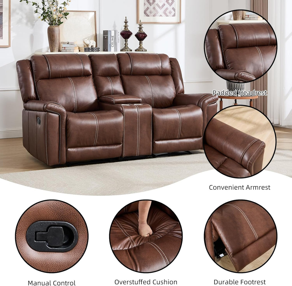 EBELLO Faux Leather Recliner Loveseat Sofa, Manual Reclining Couch, Mid-Century Modern 2-Seater Chair with Handy Cup Holders and Storage Space, for Living Room, Meeting Room, Brown