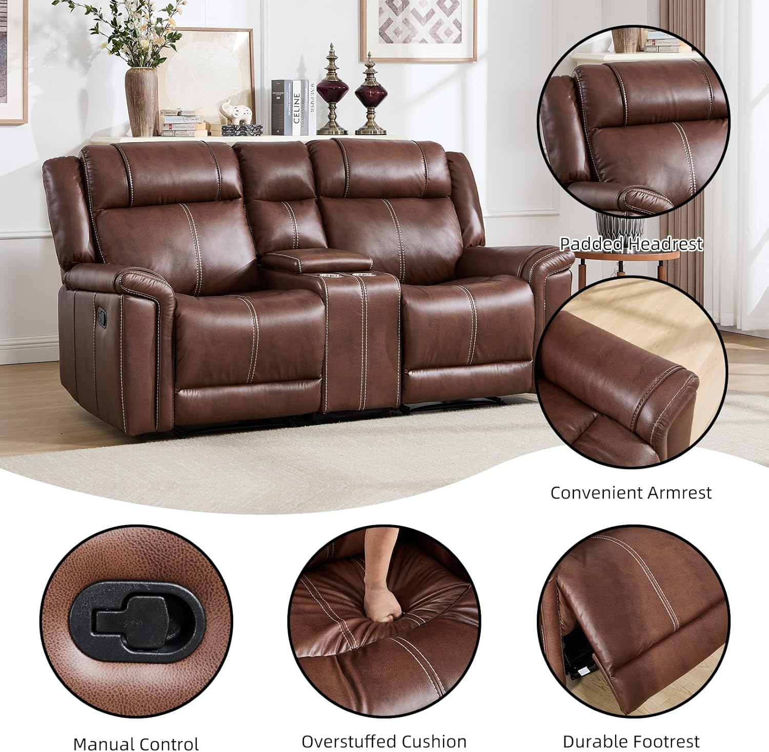 EBELLO Faux Leather Recliner Loveseat Sofa, Manual Reclining Couch, Mid-Century Modern 2-Seater Chair with Handy Cup Holders and Storage Space, for Living Room, Meeting Room, Brown