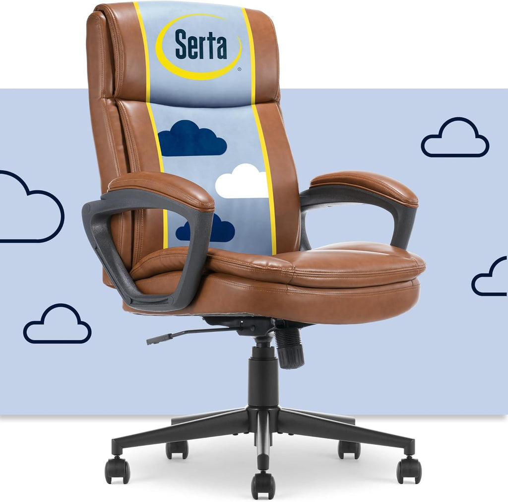 Serta Comfort Ergo Executive Office Chair, Ergonomic Mid-Back Design with Lumbar Support, Semi-Plush Double-Layer Seat Cushion, Padded Armrests, Swivel Metal Base, Bonded Leather, Cognac