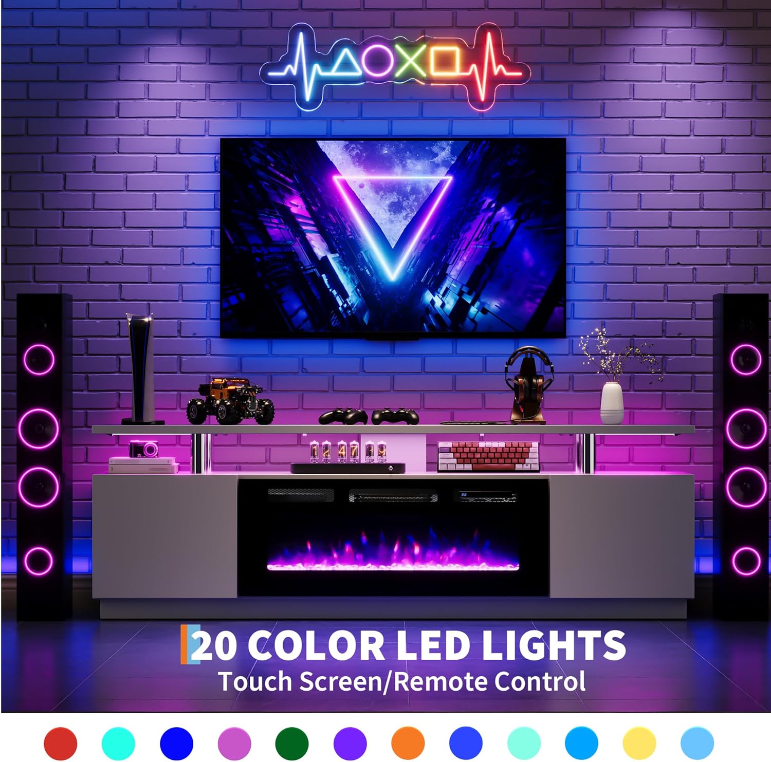 Led Fireplace TV Stand 70 in, Modern Electric Fireplace TV Stand with Cabinets, 2 Tier TVStand with 36 in Fireplaces, Entertainment Center with Fireplaces for TVs Up to 80