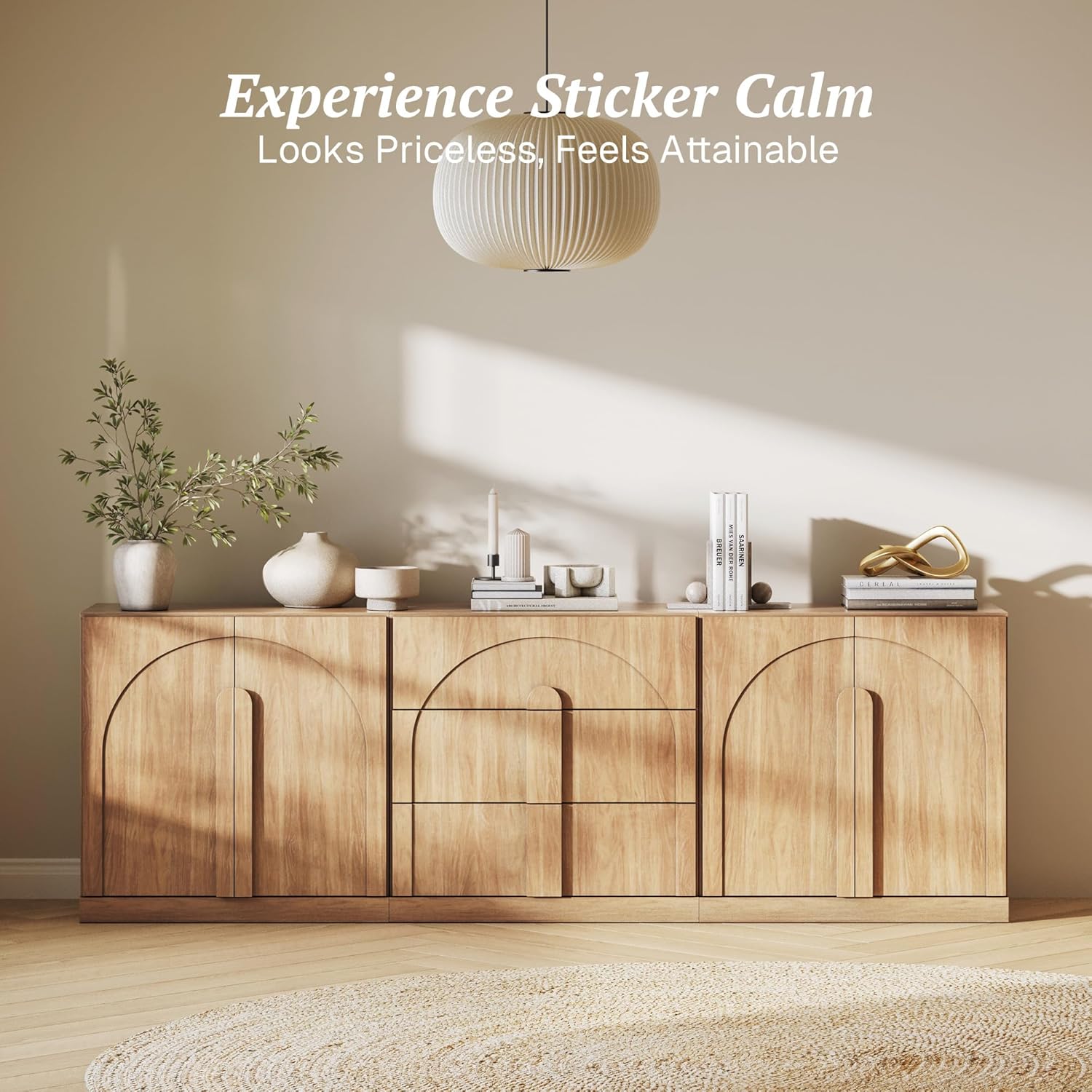BELLEZE 3-Piece Modular Sideboard Cabinet Set Freely Configurable, Modern Wood Buffet Cabinet Contain 2 Arched Cabinet and 3-Drawer Storage, Credenza Console for Living Room Kitchen, Camel