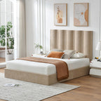 Queen Size Lift Up Storage Bed, Upholstered Platform Bed Frame with Storage Underneath, 51.6'' Tall Vertical Channel Tufted Headboard, Linen-Textured, Hydraulic Support, No Box Spring Needed, Beige