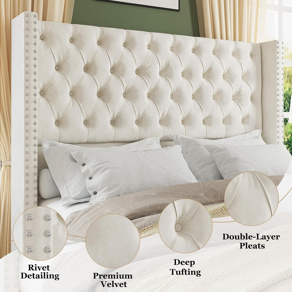 Jocisland King Upholstered Bed Frame with Tall Headboard Wingback Platform Bed Tufted Deep Button Velvet/No Box Spring Needed/Easy Assembly/Cream
