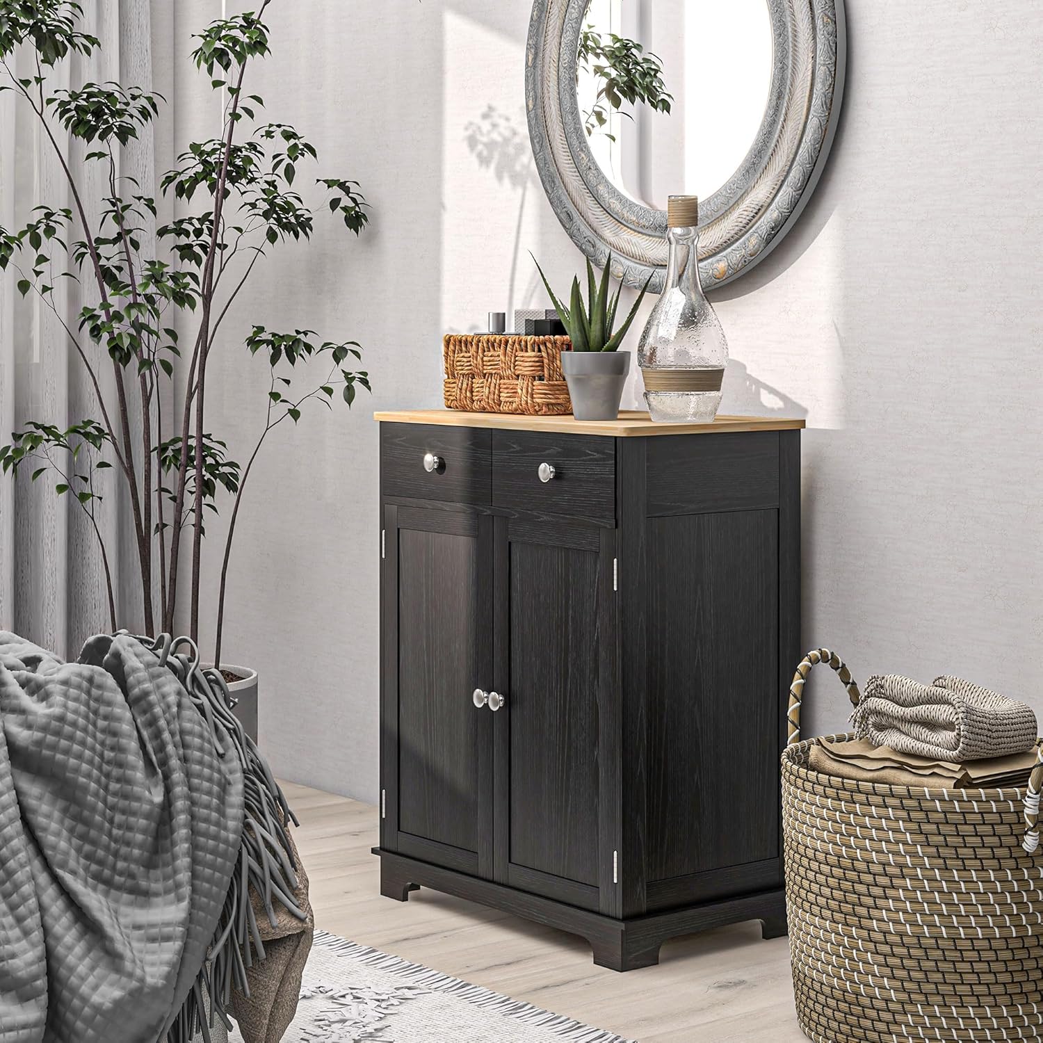 HOMCOM Sideboard Buffet Cabinet with Solid Wood Countertop, Modern Kitchen Storage Cabinet, Coffee Bar Cabinet with 2 Drawers, Doors and Adjustable Shelf, Distressed Black